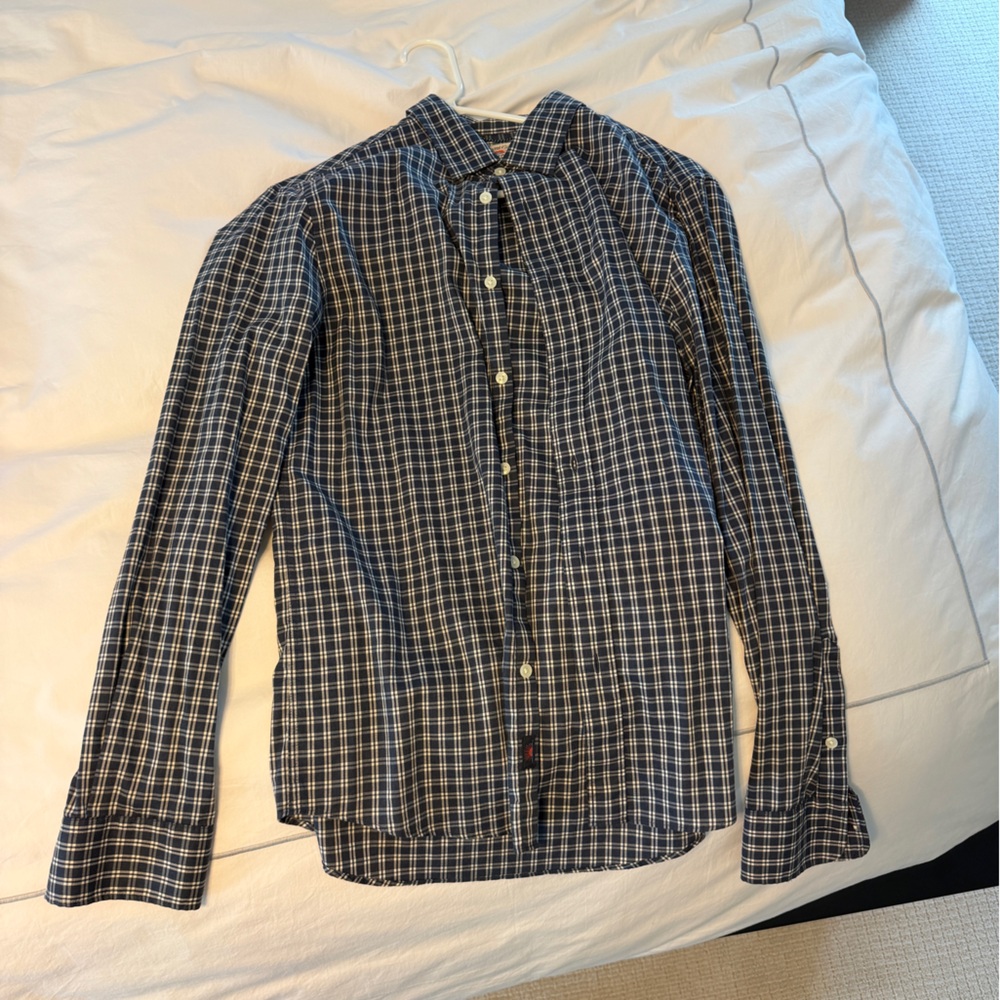 Faherty Navy and White Check Plaid Casual Shirt Movement Medium Mens Button Down - Picture 2 of 3